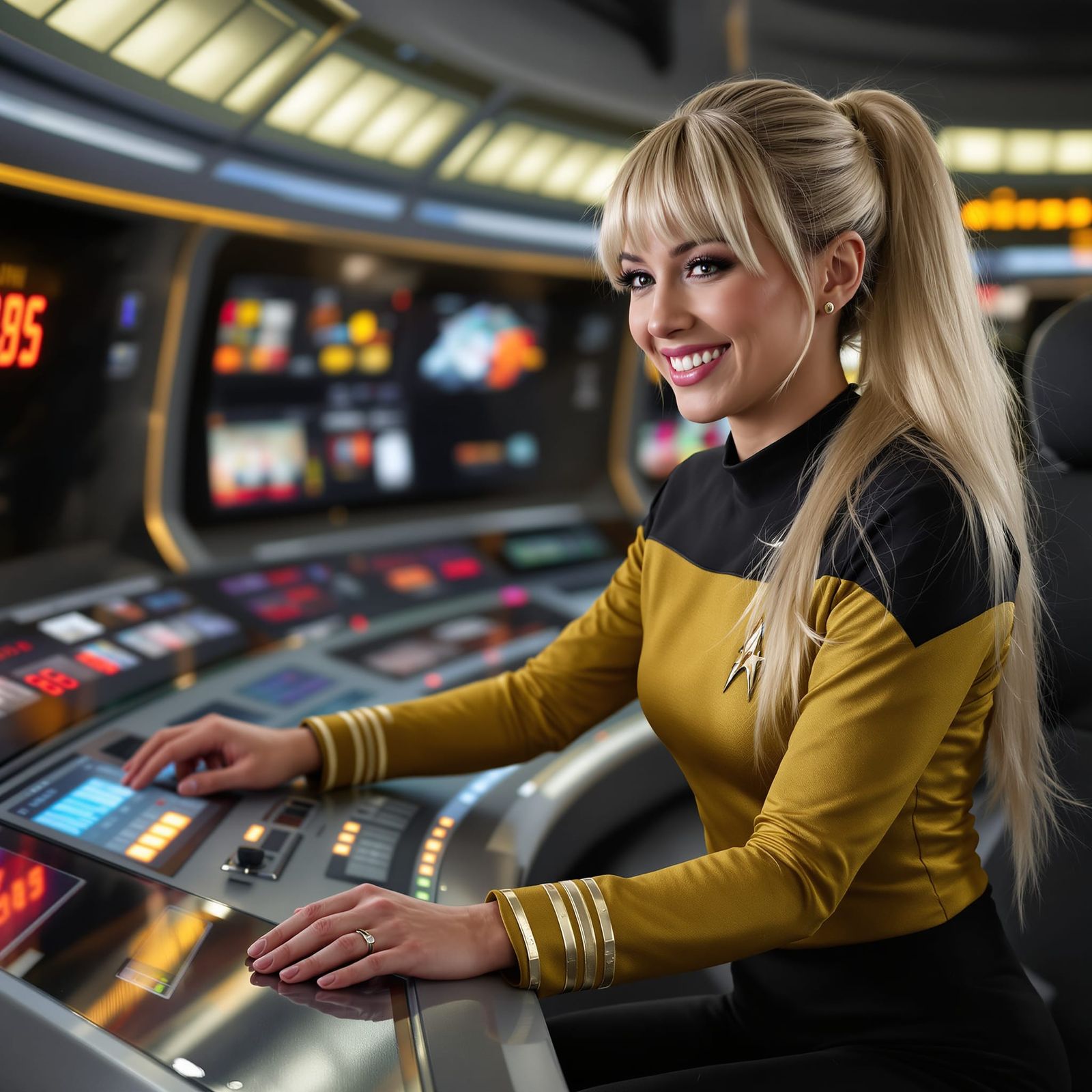 Gorgeous Blonde Woman in Gold Starfleet Uniform with Futuris...