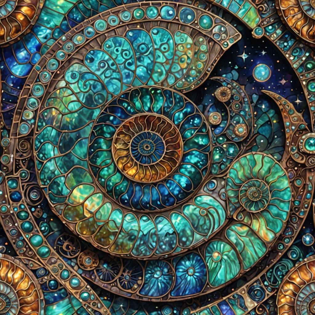 Opalescent Ammonite Fossil in Holographic Illustration