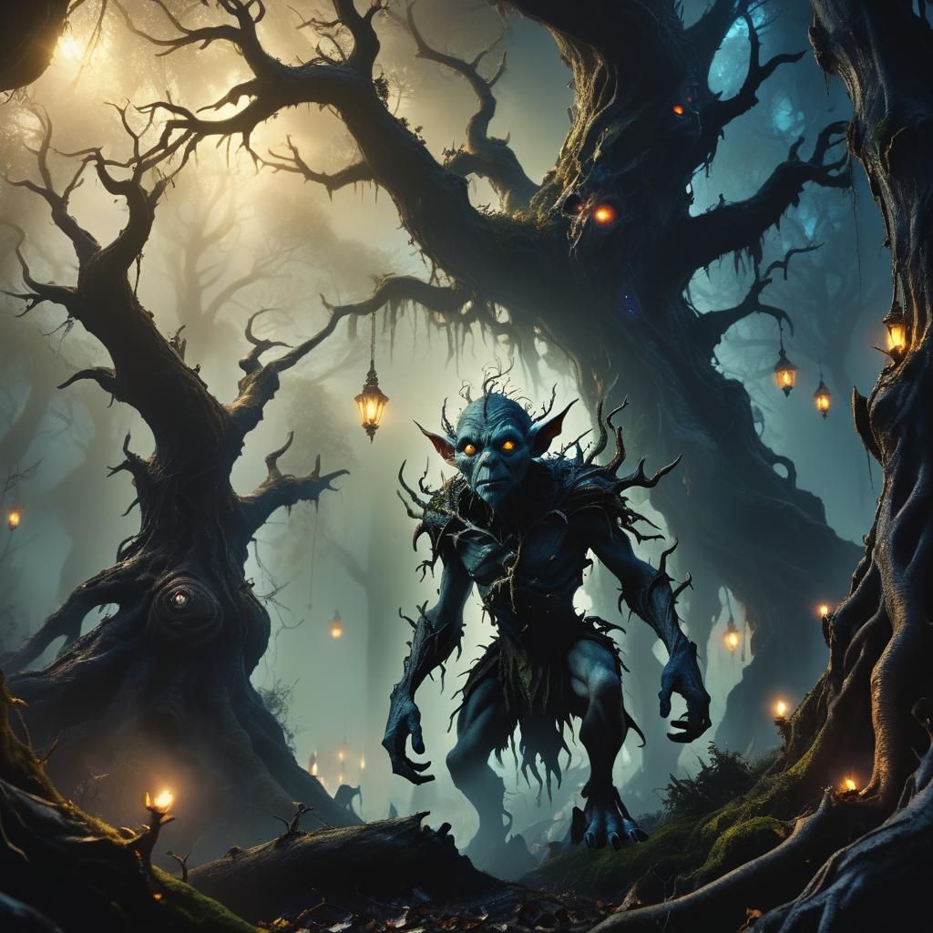 Sinister Goblin in Mystical Forest, Dark Fantasy Art
