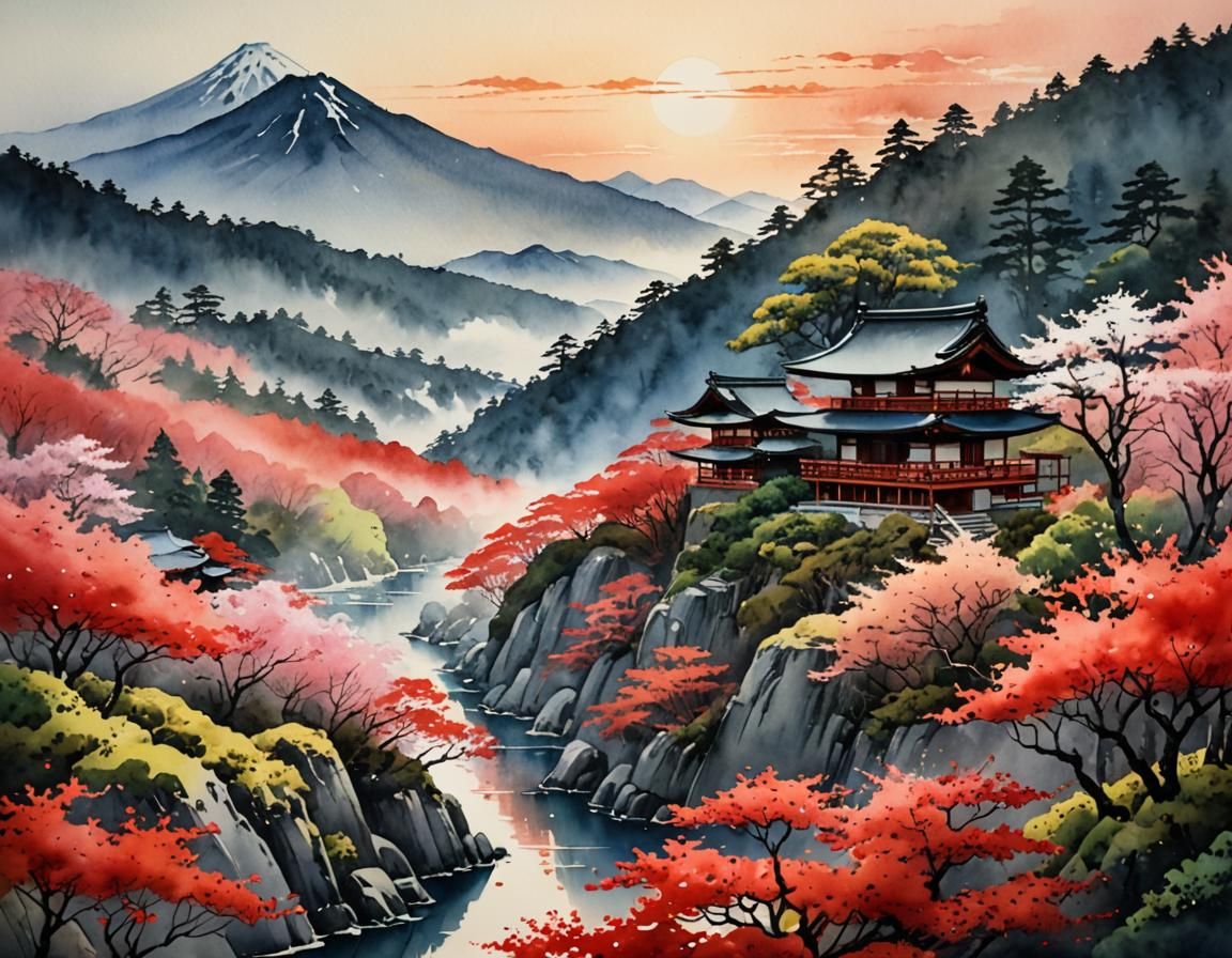 Japanese Landscape in Romantic Watercolor Style