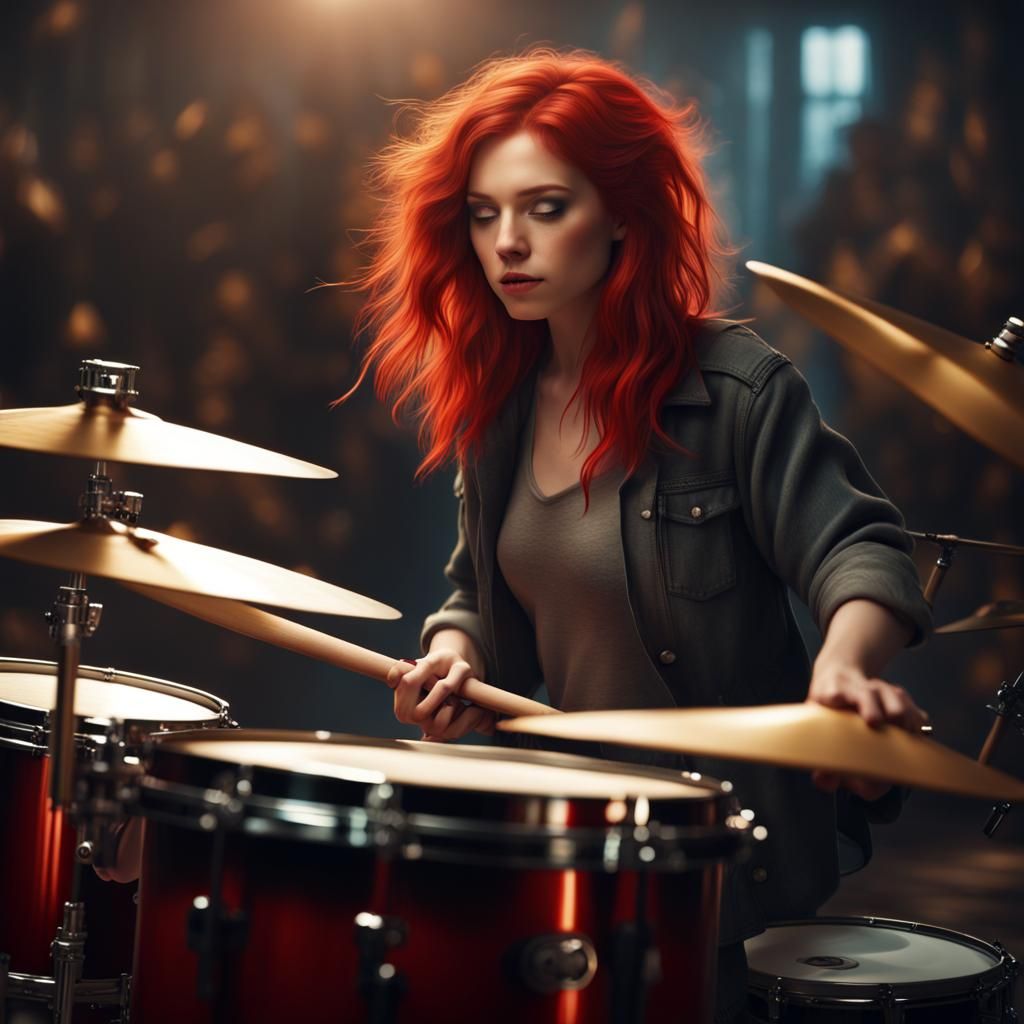 Red-Haired Girl Drummer in Epic Digital Painting