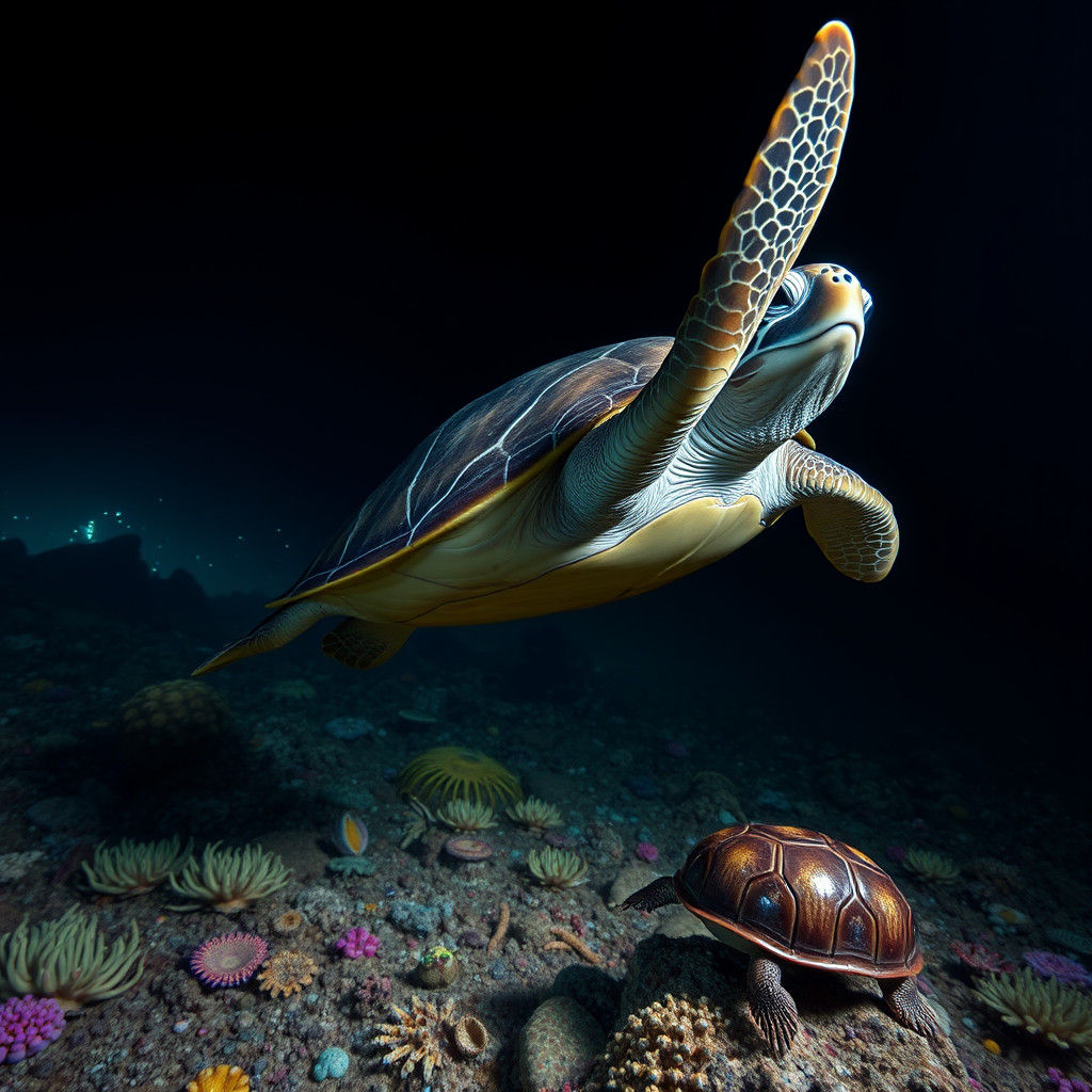 Deep Sea Turtle Gliding Through Bioluminescent Abyss