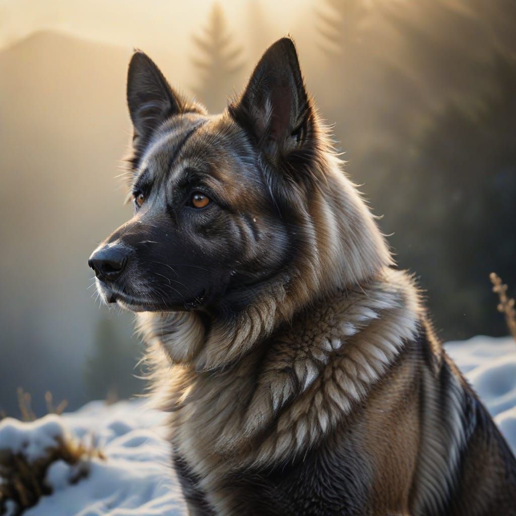 Elkhound Portrait on Snowy Peak in Hyperrealistic Oil
