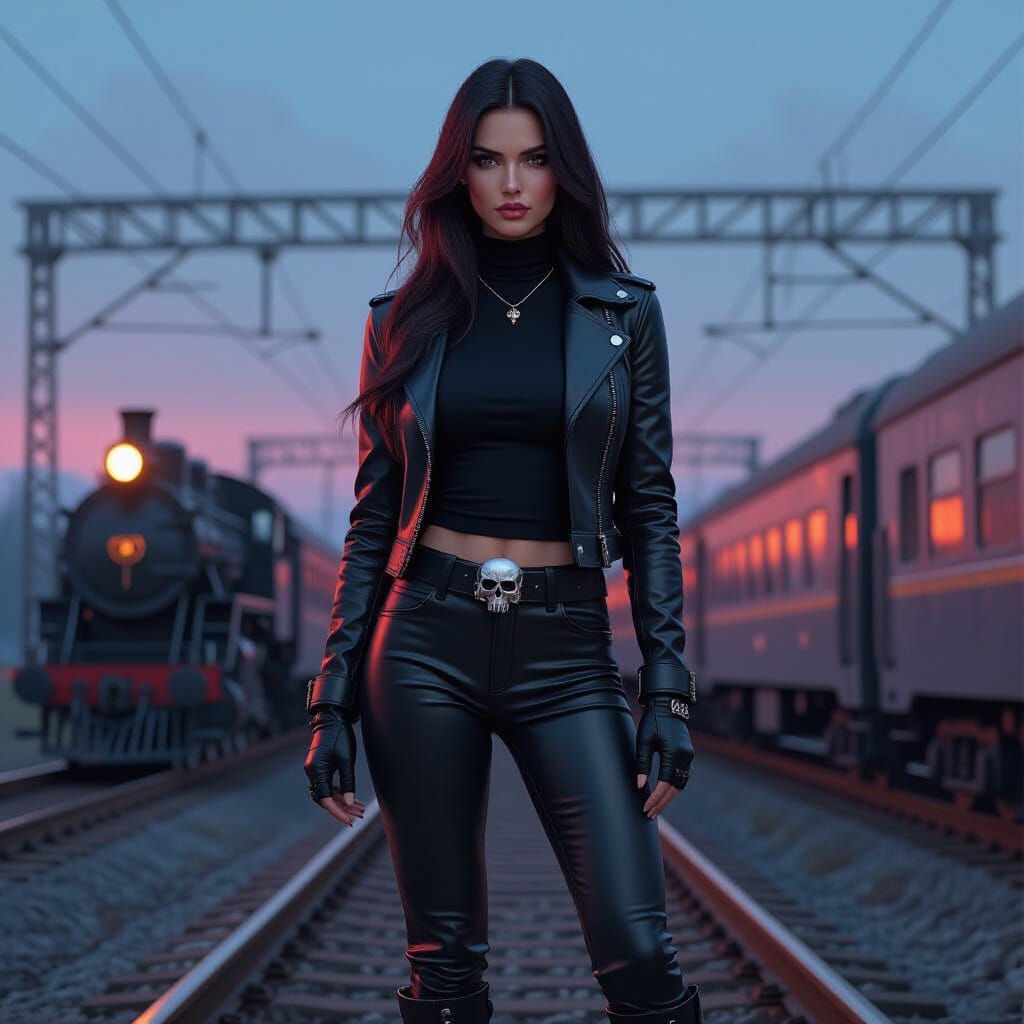 Cyberpunk Woman with Eyepatch Beside Train Tracks