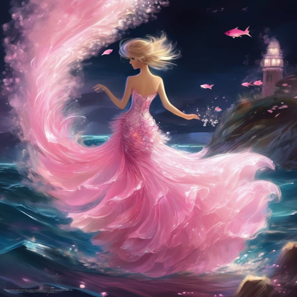 Digital Mermaid in Dreamlike Pink Tourmaline Gown