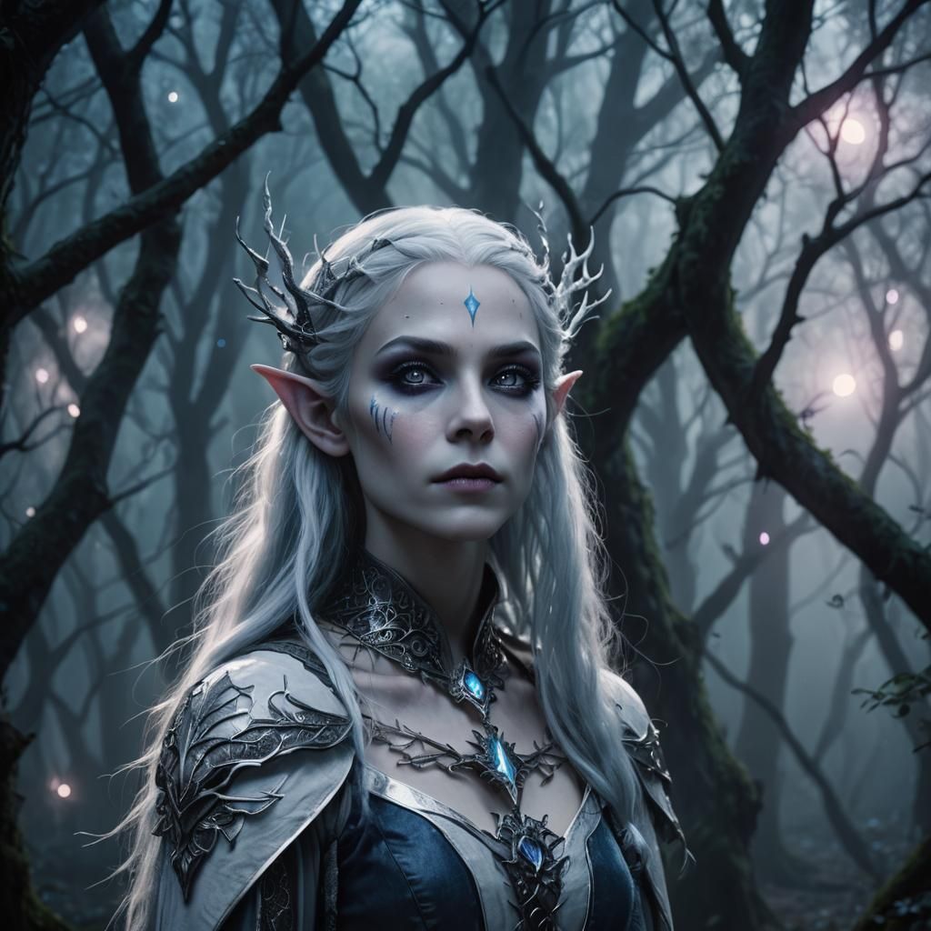 Mystical White Dark Elf Portrait in Moonlight