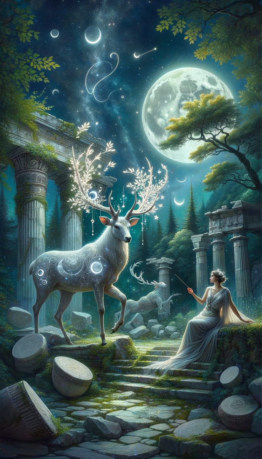 Silver Stag and Moon Goddess in Moonlit Glade