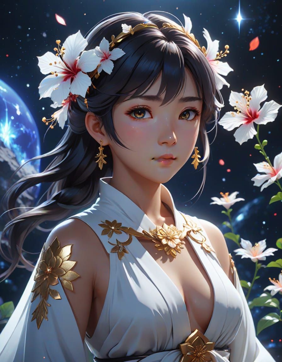 Celestial Anime Woman with Hibiscus Flowers