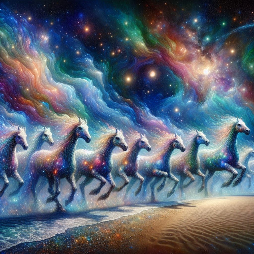 Ethereal Celestial Ponies Gallop Across Starlit Beach