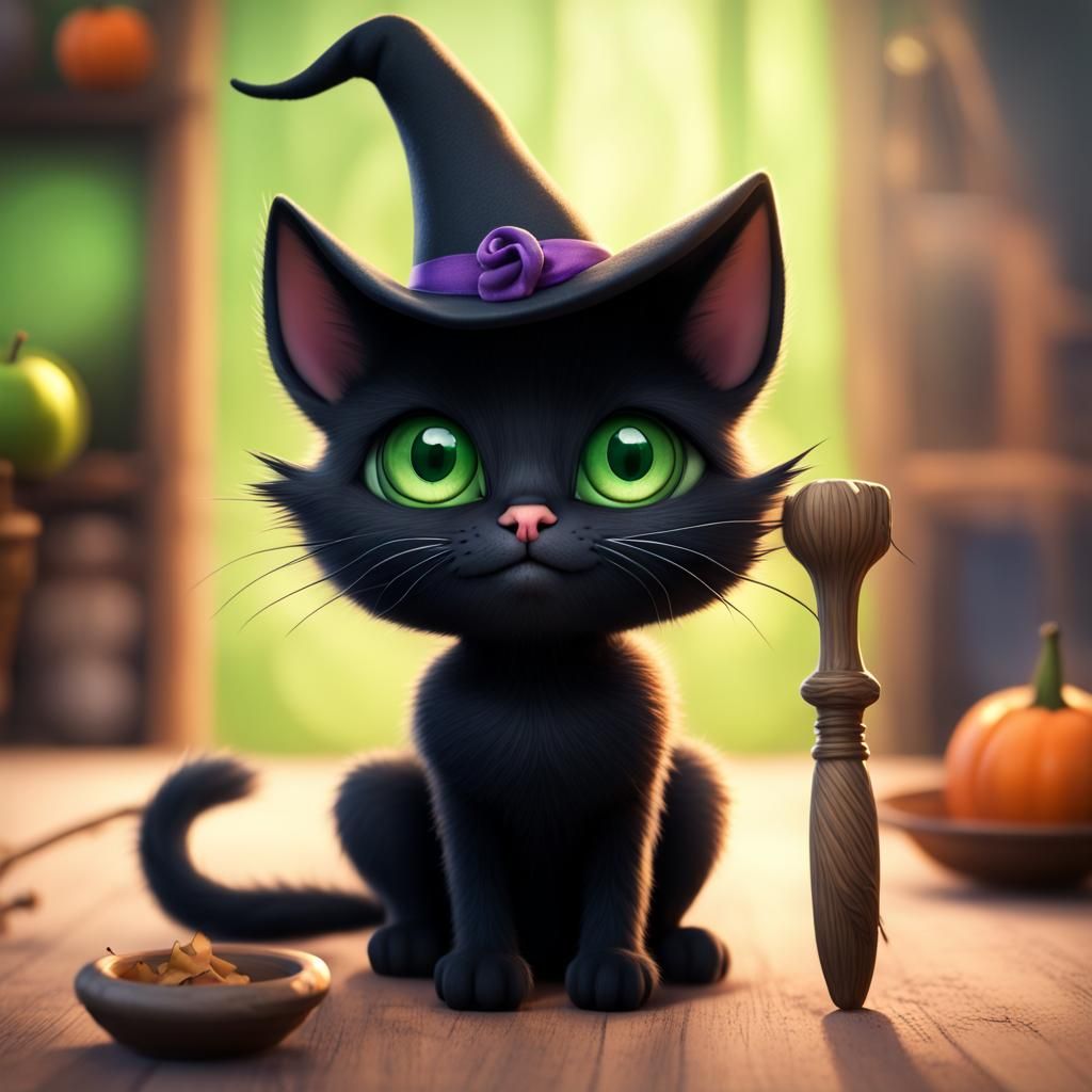 Adorable Witchy Black Cat Eating Bat, Pixar Concept Art