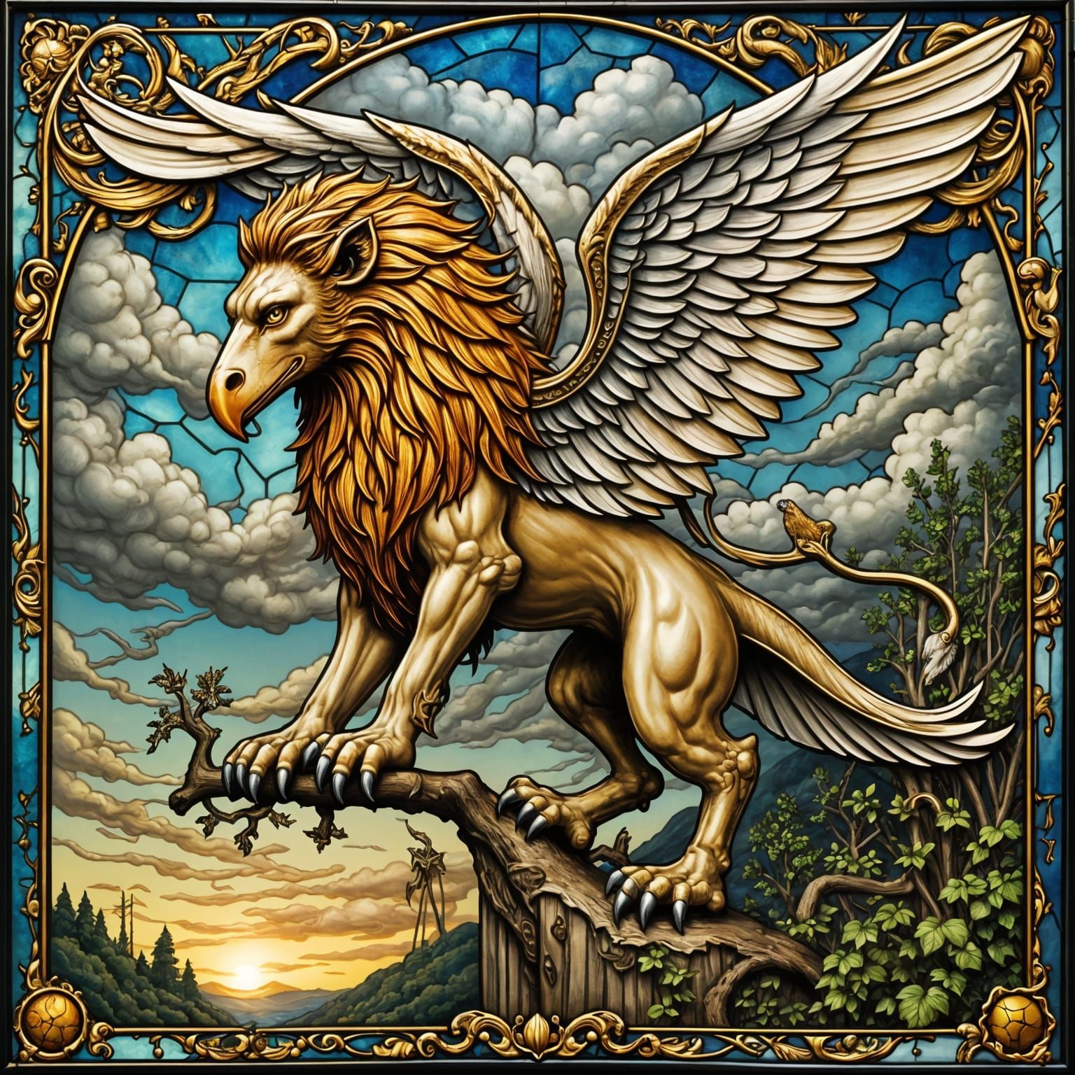 Gryphon in Stained Glass Gathering Storm