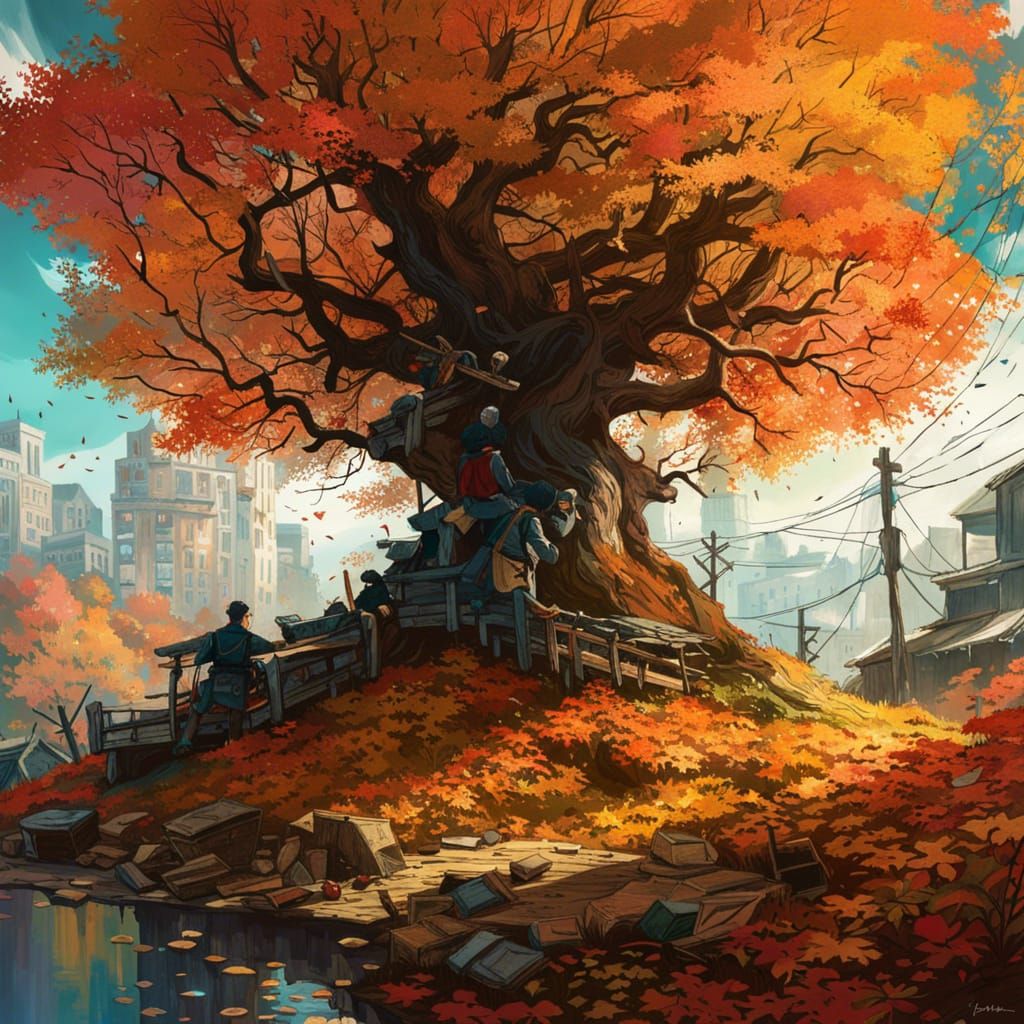 Autumn Tree Transforms to Spring: Digital Art