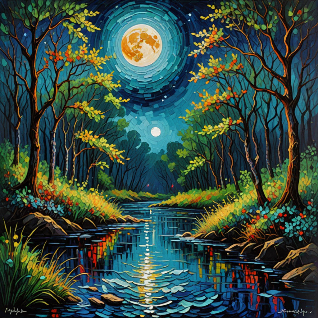 Moonlit River Scene in Neo-Impressionist Oil Painting