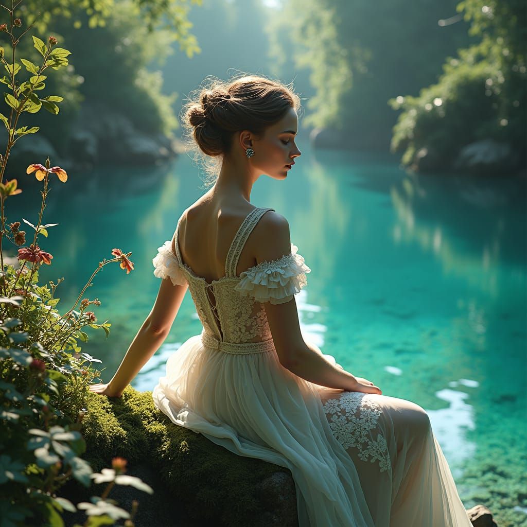 Fantasy Maiden in Lush Landscape, Digital Art