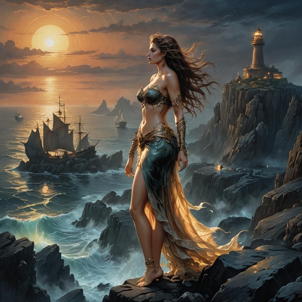 Siren Luring Ships in Dark Fantasy Style