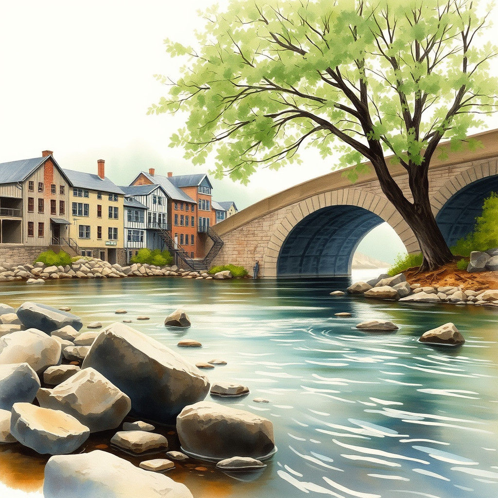 Watercolor River Scene with Stone Bridge