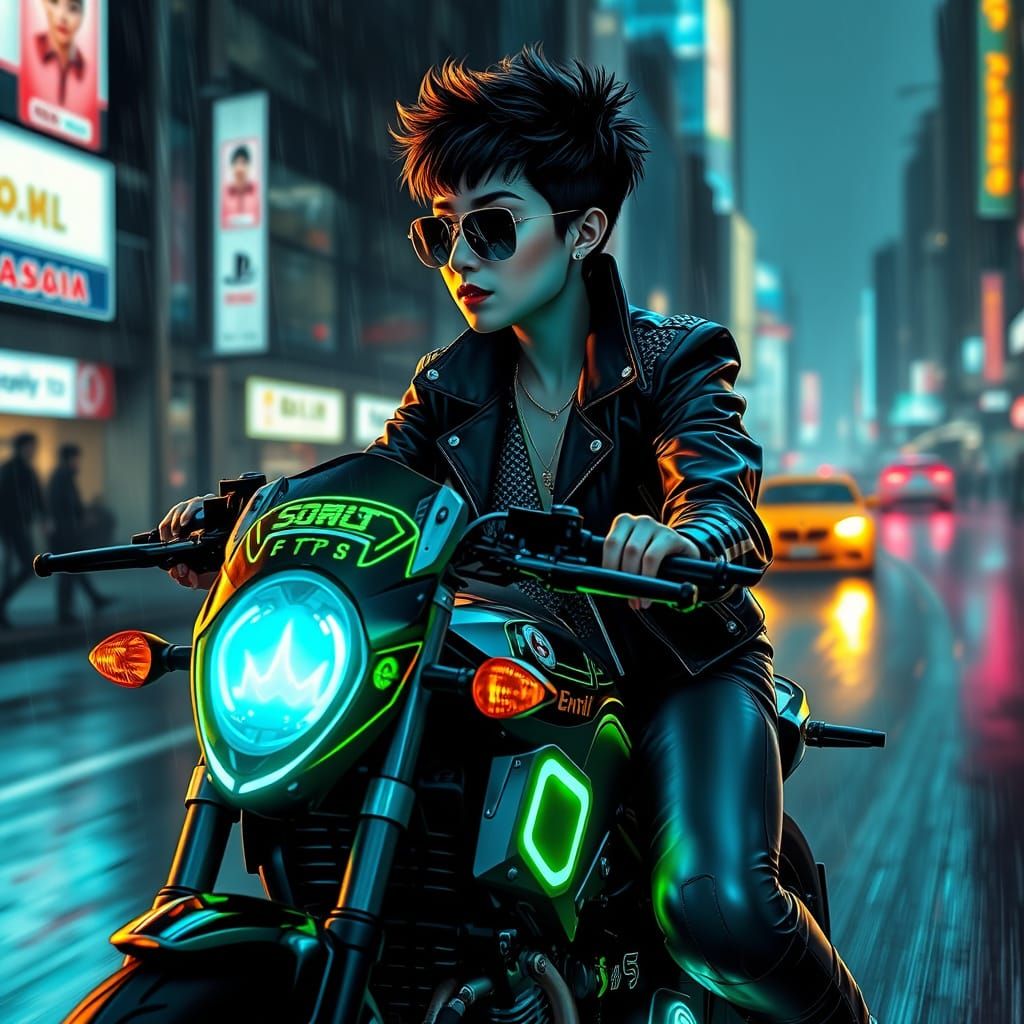 Neon Vroom: Cyberpunk Rider in a Futuristic Cityscape