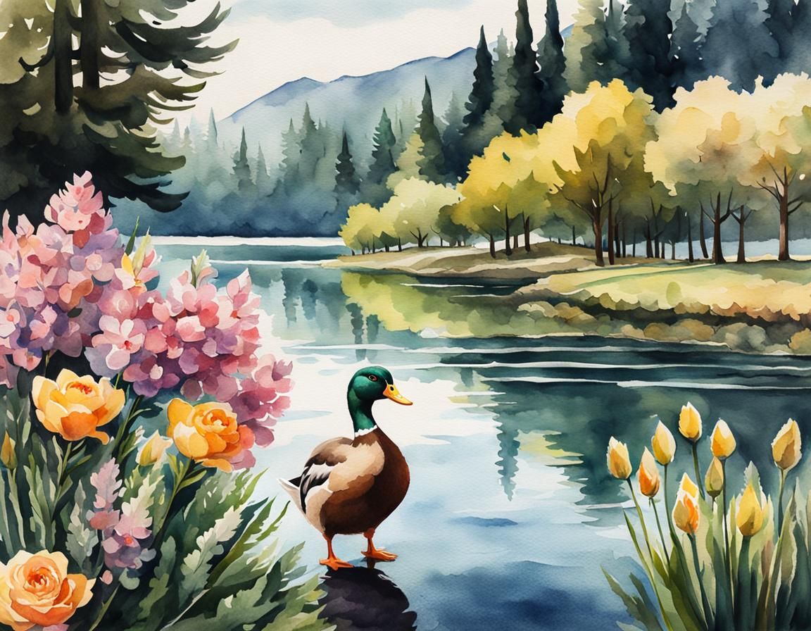 Duck with Flowers: Watercolor Digital Illustration