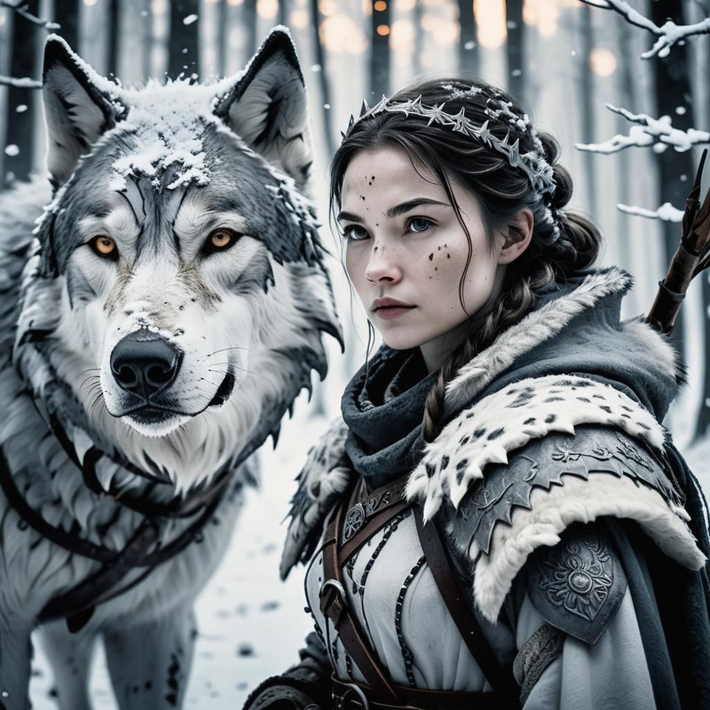 Huntress and Direwolf in Snowy Forest, Sumi Ink Art