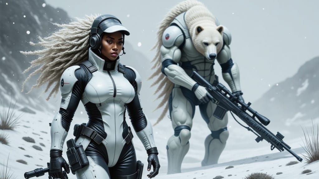 Cyberpunk Soldier and Polar Bear in Snowy Ruins