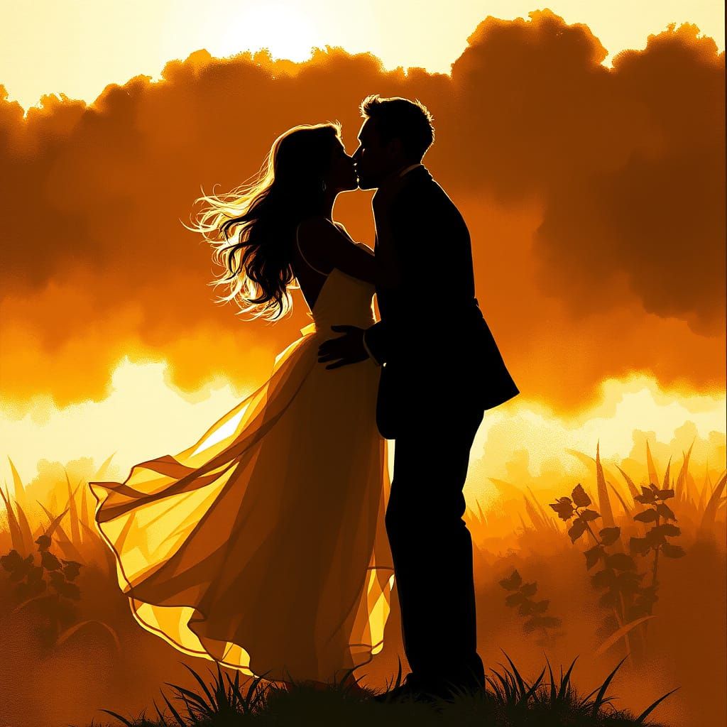 Romantic Sunset Kiss in Silhouette