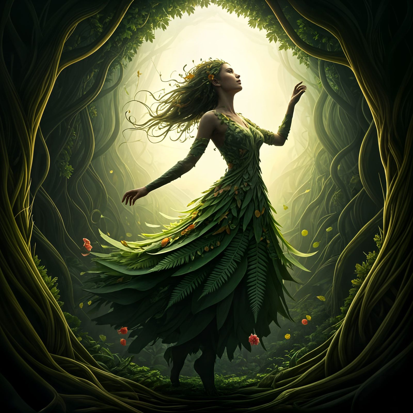 Woman of Nature Swirling in Floral Whirlwind