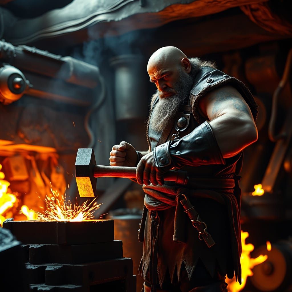 Dwarven Blacksmith Forging Sword with Cinematic Lighting