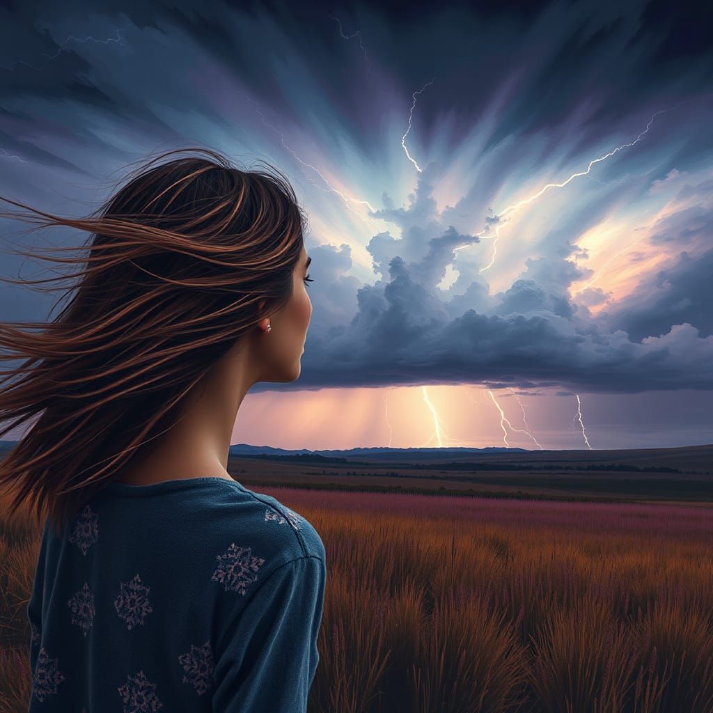 Synthwave Woman Observes Approaching Thunderstorm