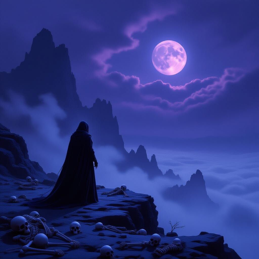 Necromancer on Cliff Overlooking Foggy Valley in Dark Fantas...