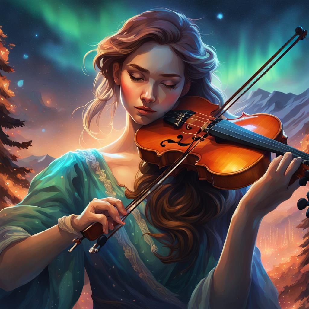 Woman Violinist Under Northern Lights: Hyperdetailed Art