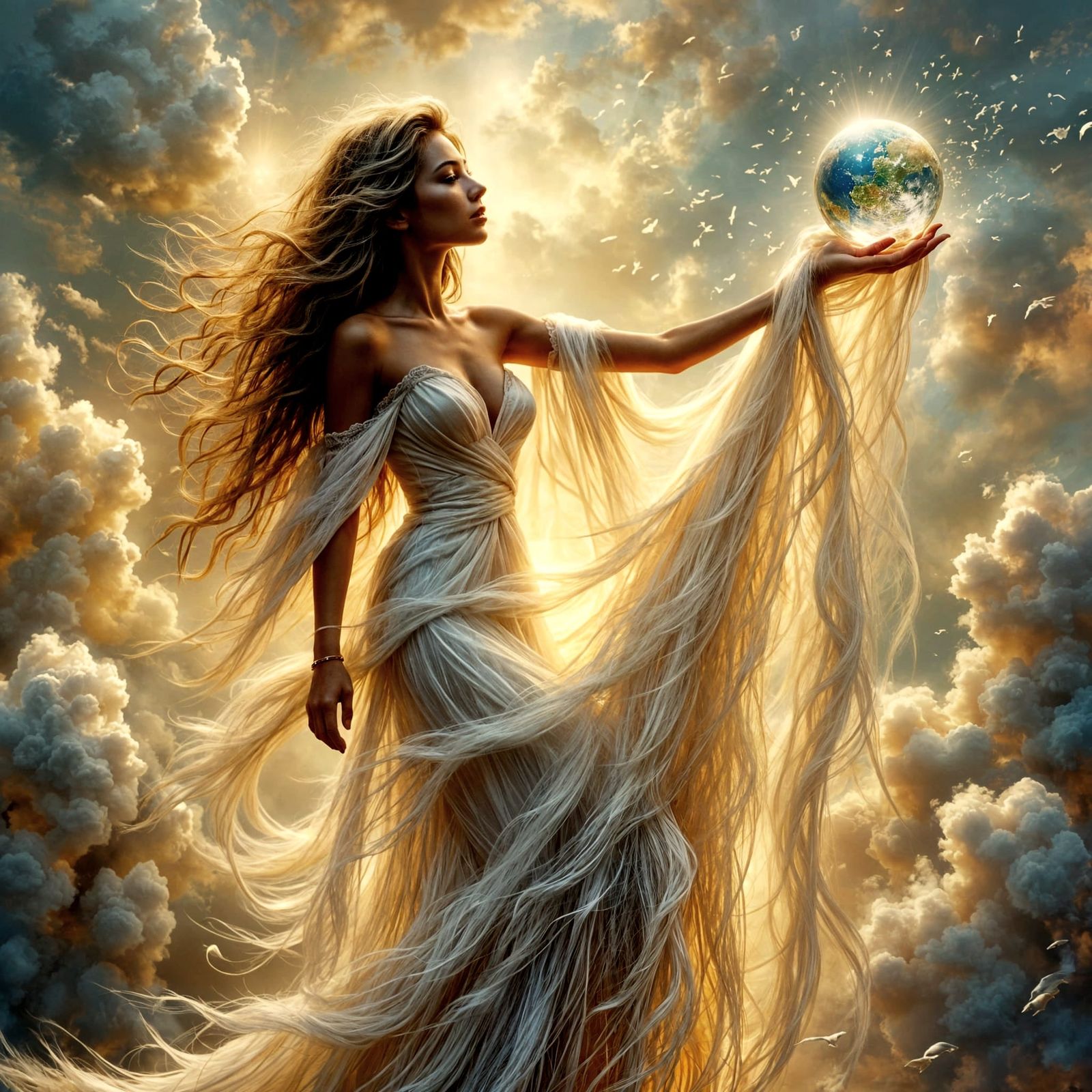 Sad Woman Holding World in Cloudy Sky