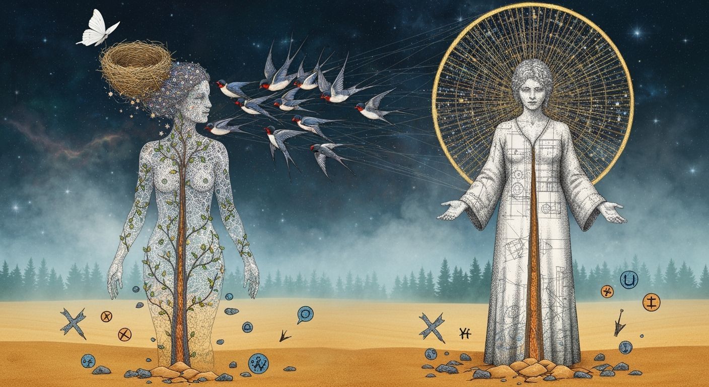 Ethereal Woman Dissolving into Birds in Cosmic Energy