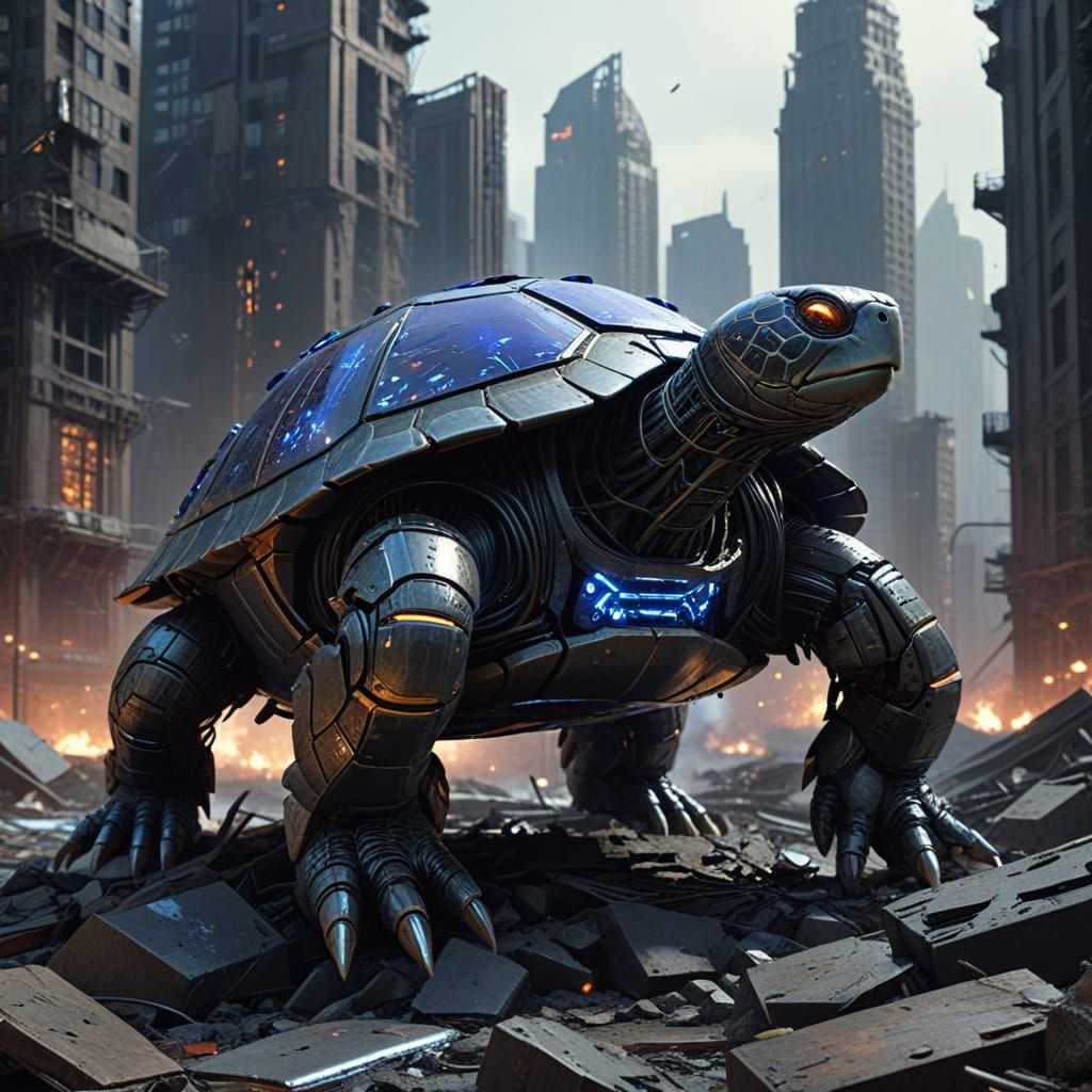 Cybernetic Turtle Dominates Ruined Metropolis