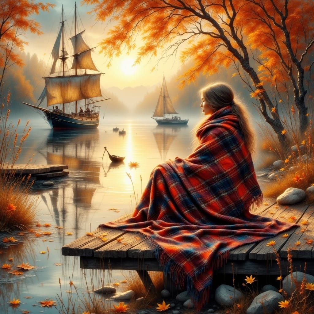Woman on Dock Watching Ship in Autumn Light