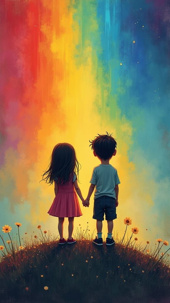 Two friends watching a rainbow.