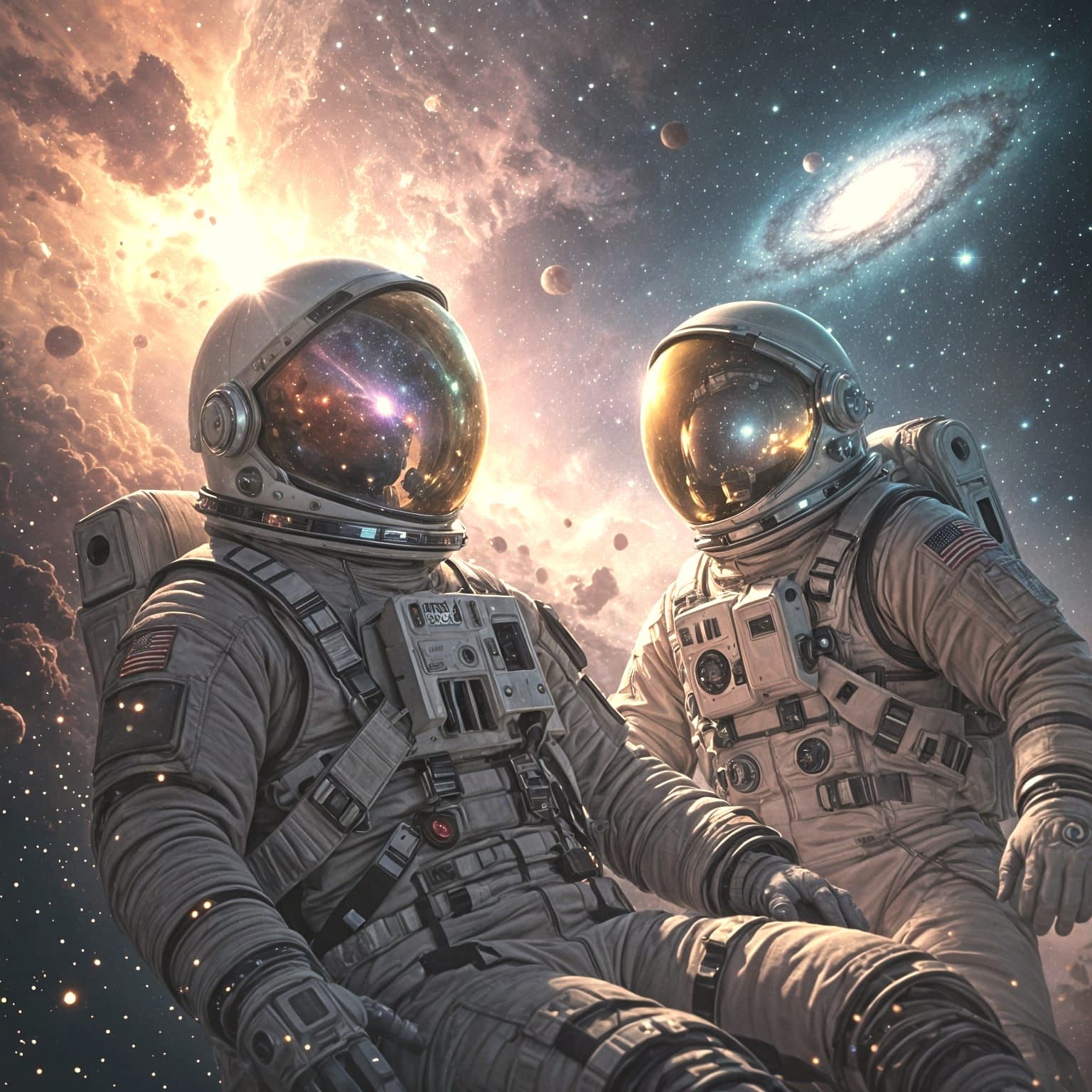 Astronauts Relaxing in Nebula with Galaxy Reflection