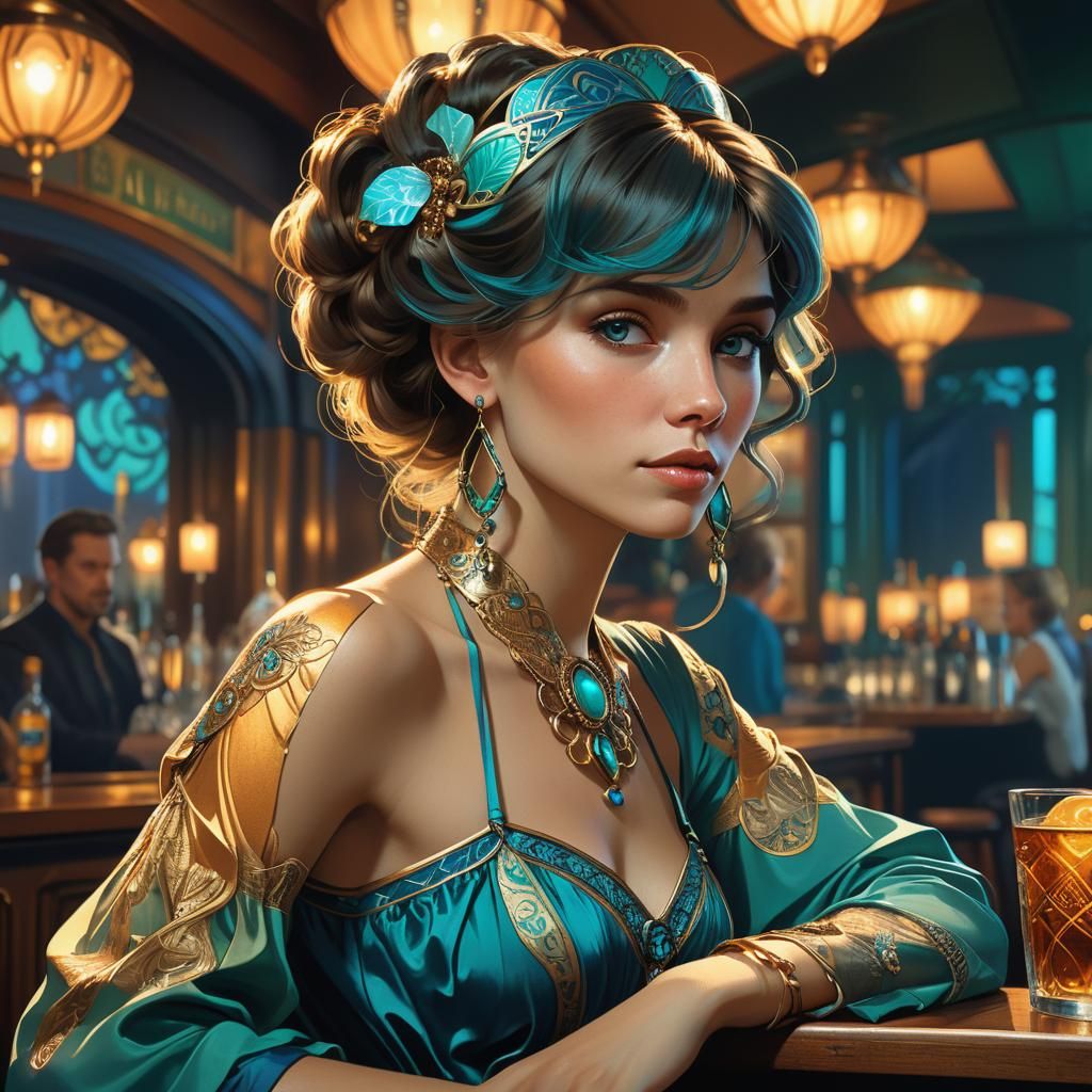 Beautiful Woman at Bar in Hyperrealistic Art Nouveau Style