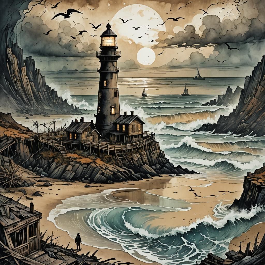 sea harbor, double exposure, detailed ink, liquid ink, art on a cracked paper, mail art, best quality, ruined light...