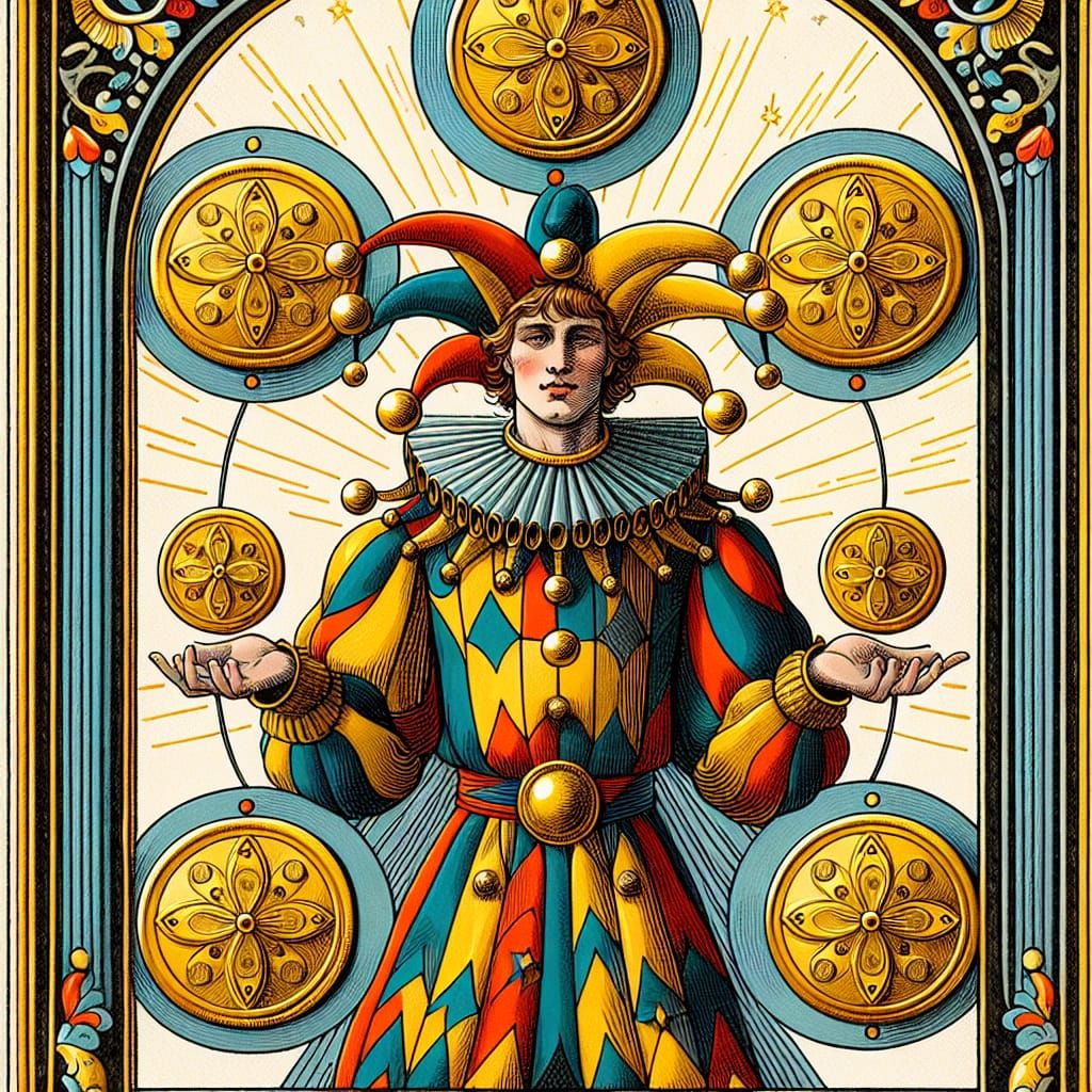 Four of Coins Tarot Card with Jester
