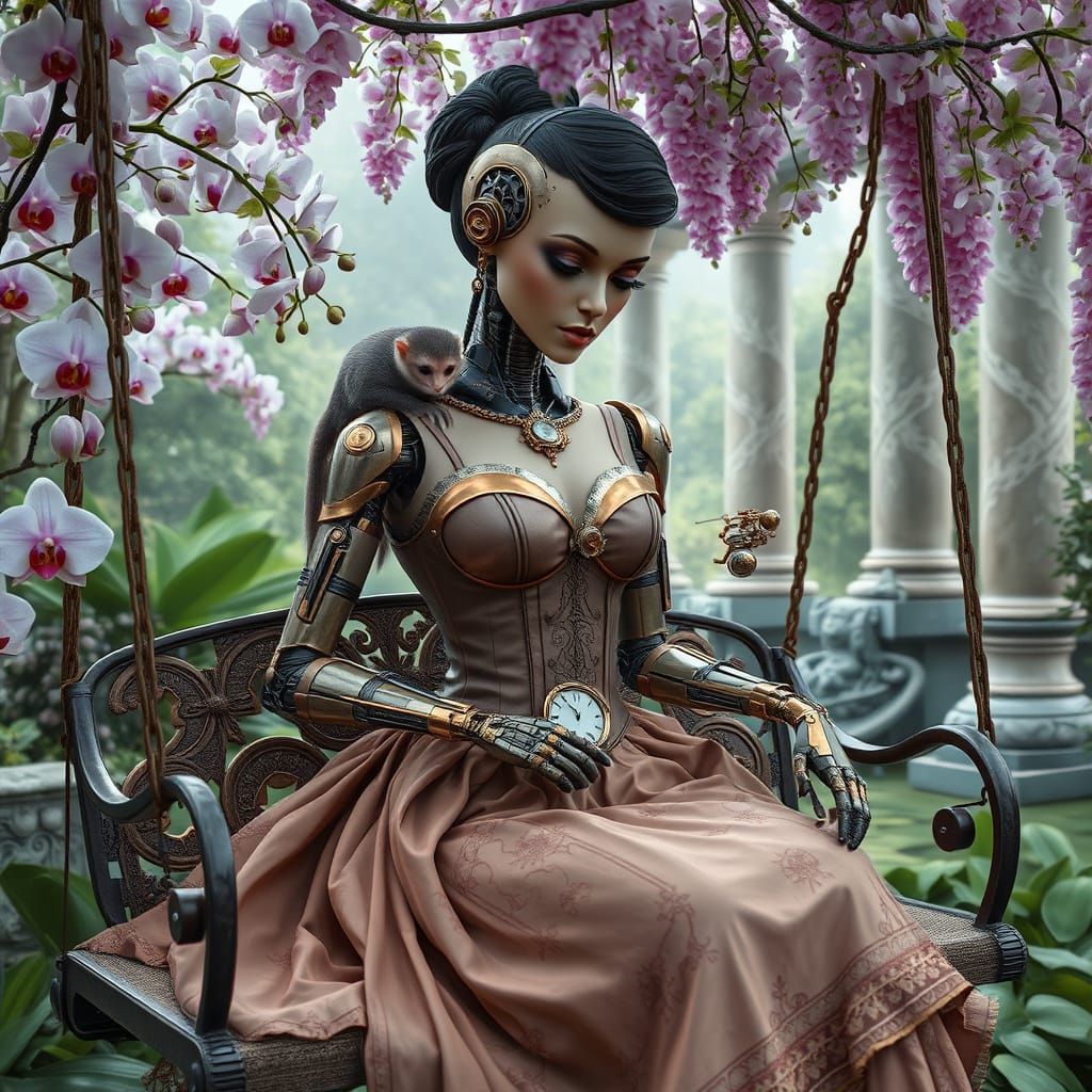 Steampunk Android Sits Serenely on Vintage Swing in Secret G...