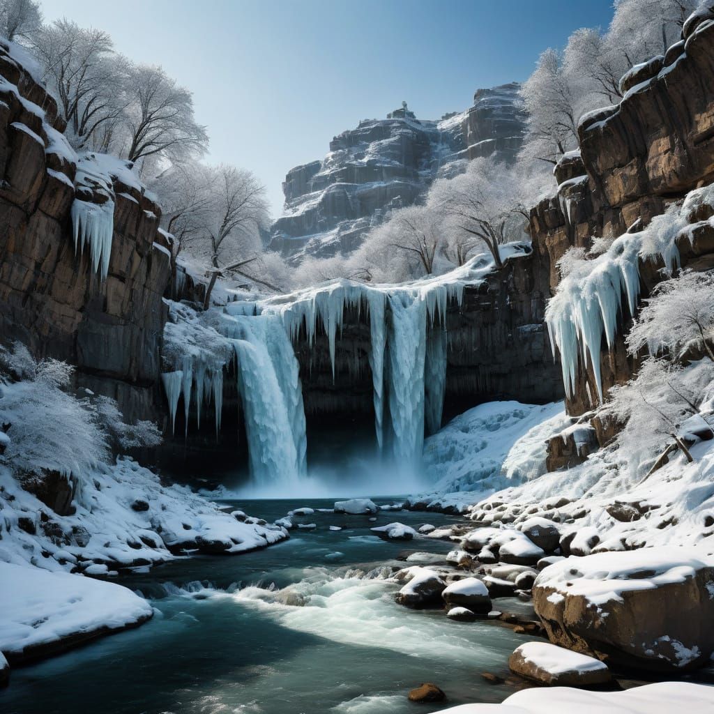 Imagine a powerful waterfall completely frozen in winter. The ice forms a spectacular sculpture of frozen water, with ic...