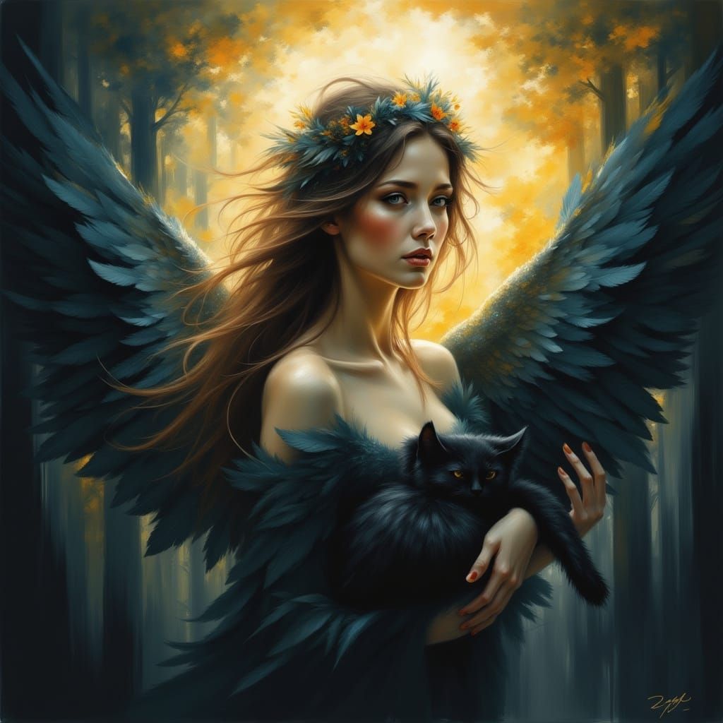 Ethereal Lady with Black Cat in Mysterious Forest