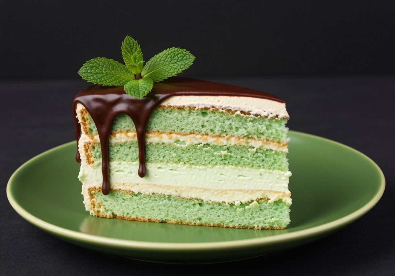 Elegant Mint Cake Slice with Chocolate Ganache and Mint Leav...