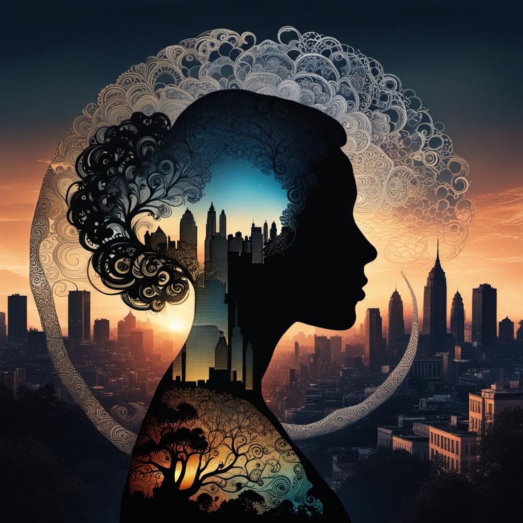 Woman's Silhouette Reveals Cityscape at Sunset
