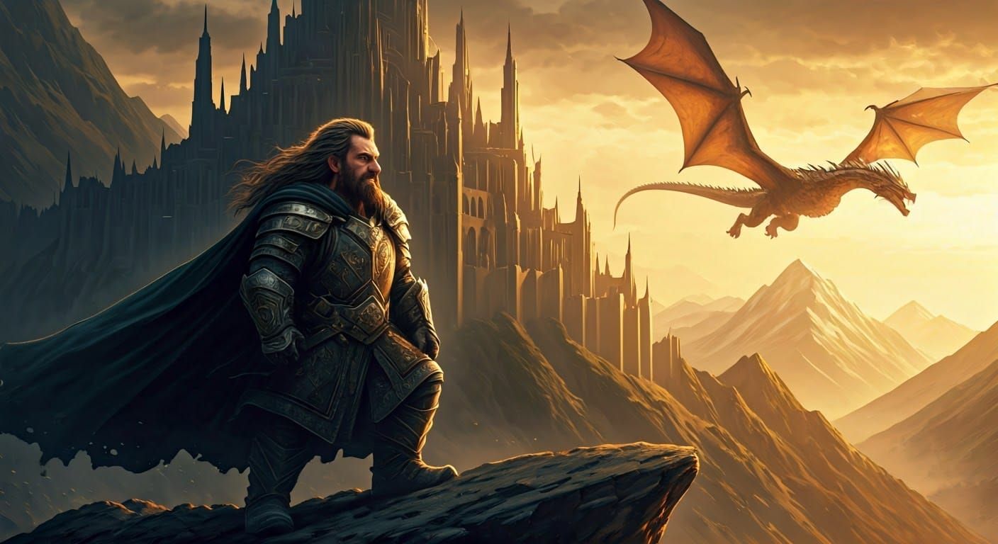 Thorin Oakenshield Gazing Upon Smaug Over Lonely Mountain in...