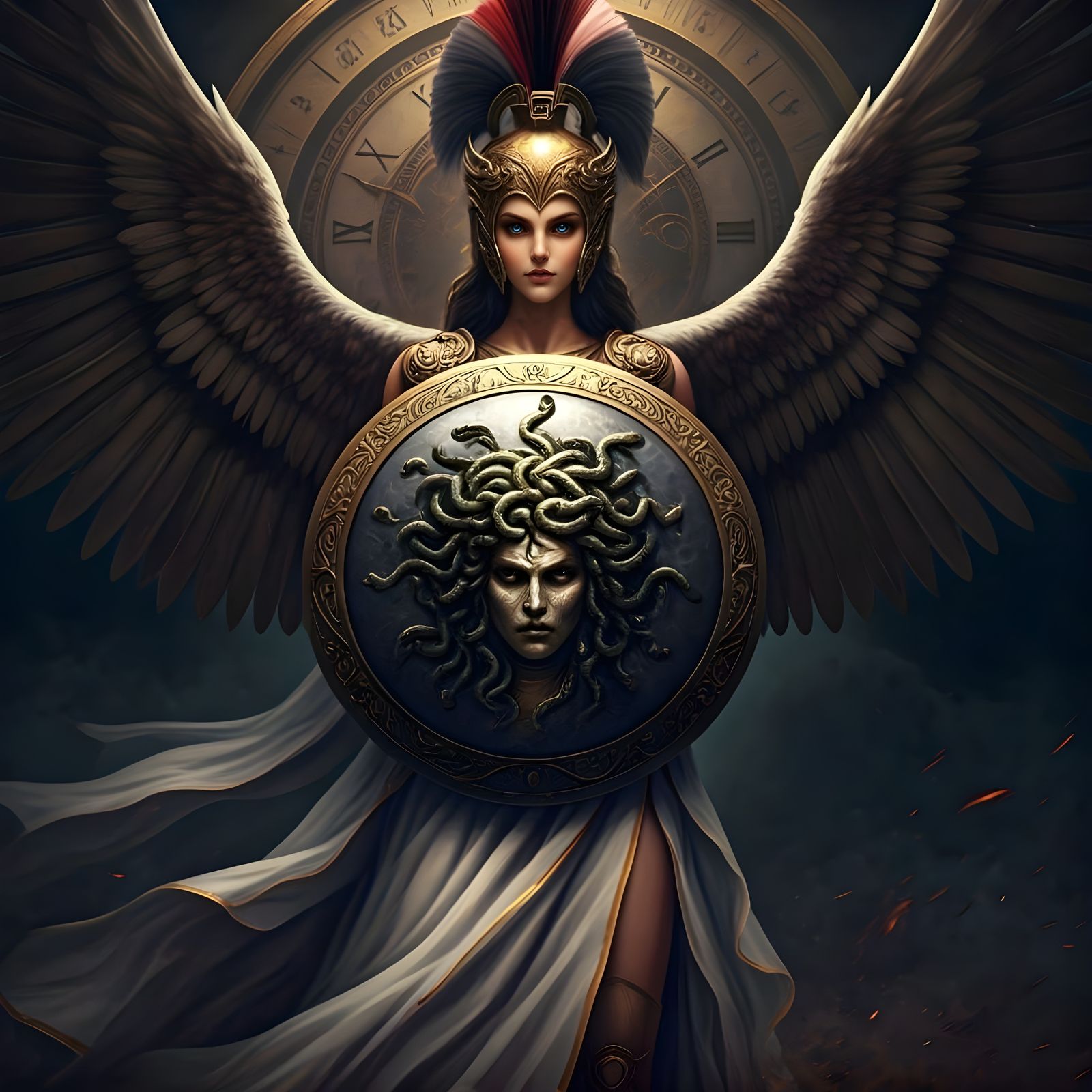 Goddess Athena Wields Medusa Shield in Realistic Fantasy Art