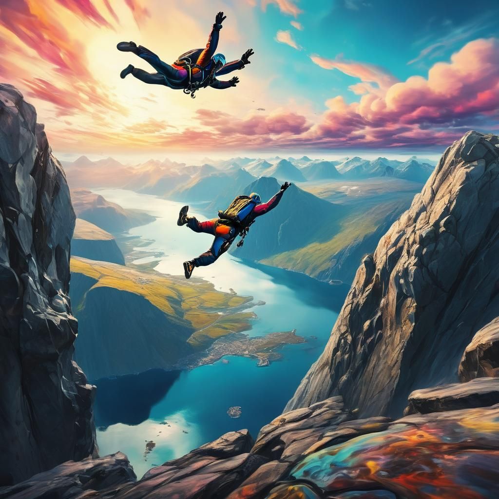Skydiver in Surreal Landscape with Melting Rocks
