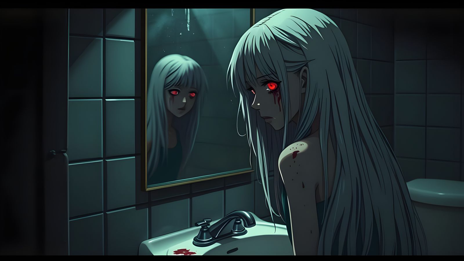 Ethereal Schoolgirl Haunts a Dark Bathroom in a Haunting Stu...