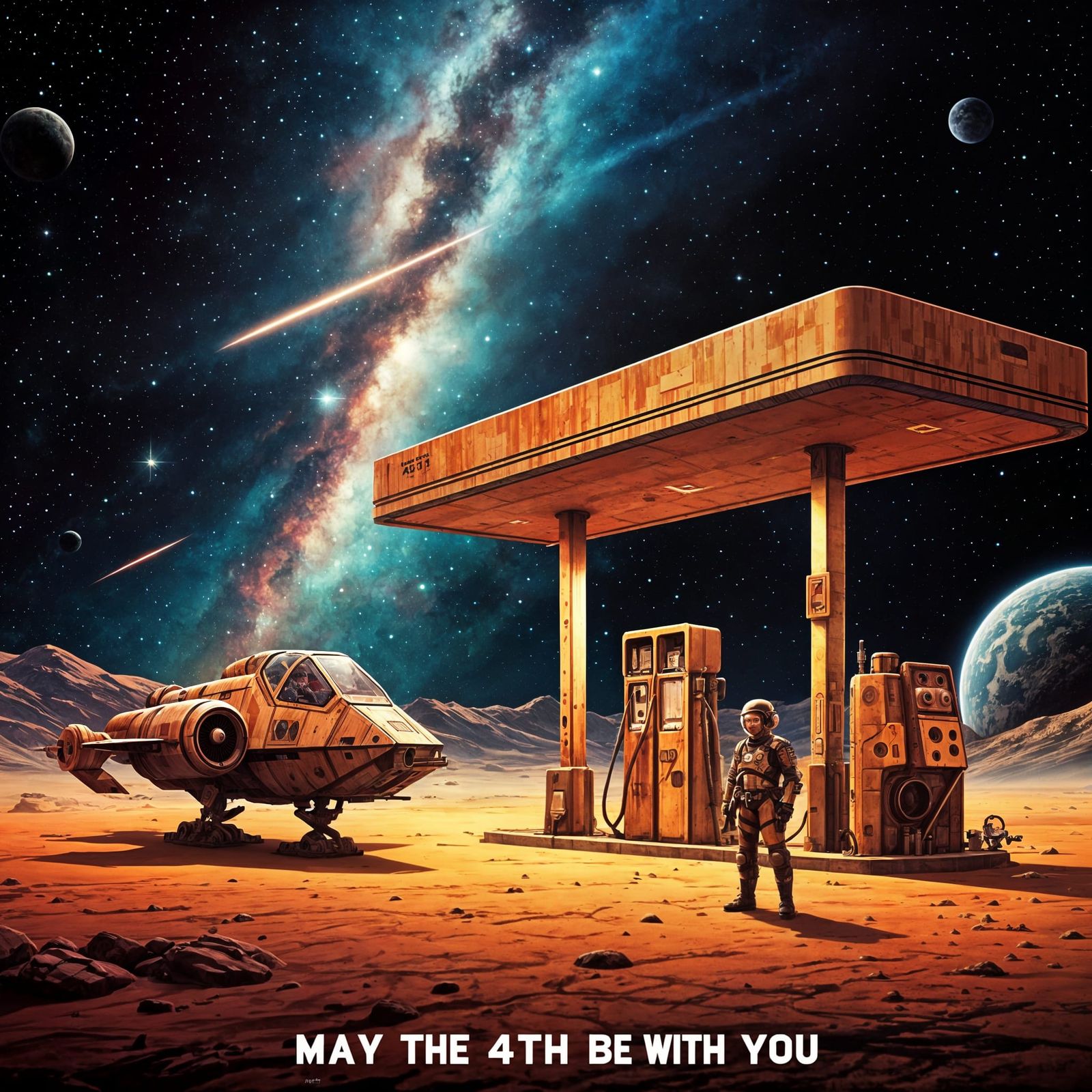 Galactic Gas Station in Vintage Acrylic Style