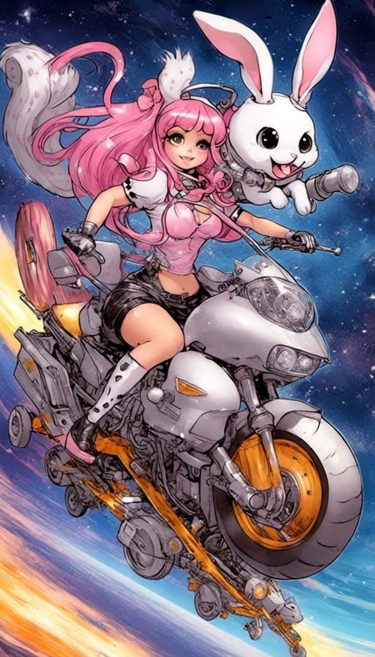 Cyberpunk Rabbit Girl Rides Bullet in Space
